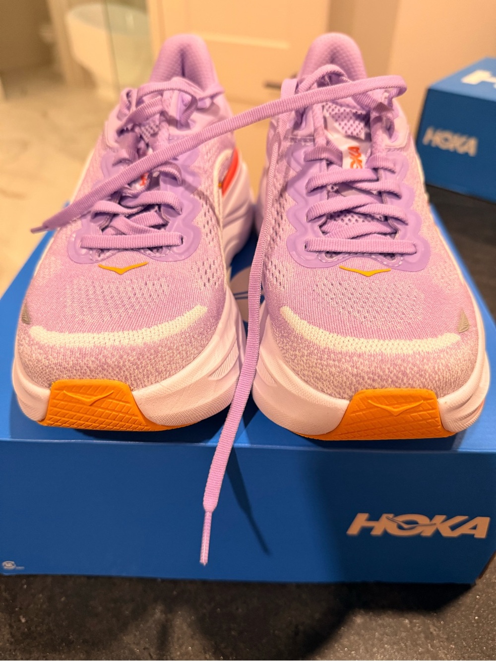 Hoka Womens Lavender Sneakers with Orange Accents size 8.5
